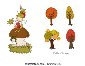 Autumn set. A forest fairy sits on a mushroom.