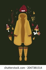 Autumn set in the forest. A trip for mushrooms. Raincoat, rubber boots, leaves, hot tea, hat, acorns, twigs. Autumn forest. Vector illustration for a postcard. Rainy weather. Forest ranger's clothing.