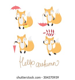 Autumn set with four cute cartoon foxes and umbrellas.