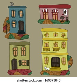 Autumn set of four hand drawn houses