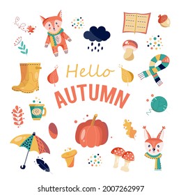 autumn set with a fox, a squirrel, an umbrella, rubber boots, a cloud, leaves, mushrooms, a scarf, a pumpkin, a cup of tea, knitting