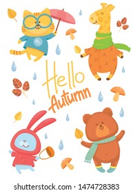 Autumn set of funny cartoon animals. Vector illustration. Isolated elements.