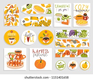 Autumn set of gift tags, cards and stickers with cute illustrations, fun elements, hand drawn lettering. Fall collection with cozy elements, cups, pumpkins, leaves, animals etc. Vector collection 