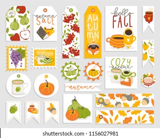 Autumn set of gift tags, cards and stickers with cute illustrations, fun elements, hand drawn lettering. Fall collection with cozy elements, cups, pumpkins, leaves, animals etc. Vector collection 