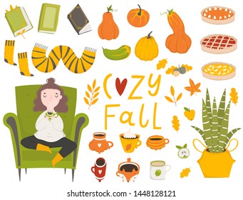 Autumn set - girl sets in armcher and holding cup with hot drink, fallen leaves, knitted socks, house plant isolated on white background. Colorful vector illustration in flat cartoon style.