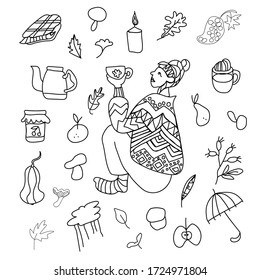 Autumn set with girl,mushrooms,leaves,cappuccino, candle,plaid,grapes,rosehips,jar with jam,mandarin,pear,wood,pumpkin,umbrella.Clip art black line in the style of doodle.Design for card,packages,web.