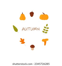 Autumn set, green and orange autumn leaves, pumpkins, porcini mushroom, chanterelle mushroom, text: autumn. Flat vector frame isolated on white background, eps 10.