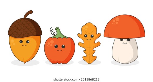 Autumn set of groovy characters. Acorn, pumpkin, leaf and mushroom. Retro style autumn stickers. Vector.