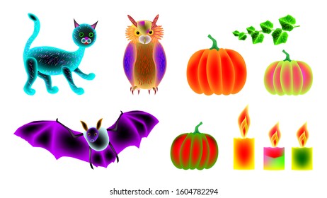 Autumn set for Halloween on a white background. Isolated. Pumpkins, owl, cat, bat, pumpkin leaves, candles. Vector illustration