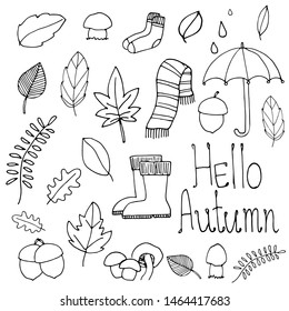 Autumn set hand draw, umbrella, gumboots, leaves, hello autumn, fall set sketch, black. Design for Kids, Greeting Card, dishes, web banners, printed materials, textile, web sites, coloring book  