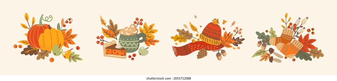 Autumn set with hand drawn cute and cozy design elements. Fall, Thanksgiving Day, Pumpkin season. Vector illustration