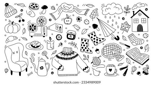 Autumn set hand drawn doodle elements fall leaves, clothes, bakery products, cozy home and other. Perfect for web, card, poster, cover, tag, invitation. Flat vector illustration on white background