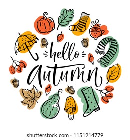 Autumn set, hand drawn elements- calligraphy, pumpkin, leaves, boots and others. Vector illustration.