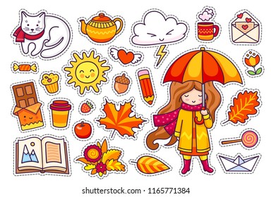 	
Autumn set, hand drawn elements. Cute girl with umbrella, leaves, white cat, cloud, coffee, open book. Illustration for sticker kit, pin, card, poster, patch, print, card. Vector illustration.