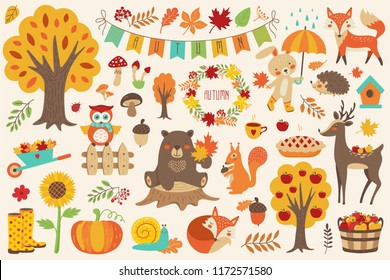 Autumn set, hand drawn elements with forest animals  bear, fox, squirrel, deer, hare, owl, snail, hedgehog, wreath. Vector illustration 