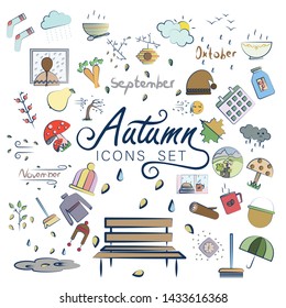 Autumn set, hand drawn elements- calligraphy, fall leaves, forest animals, wreaths, and other. Perfect for web, card, poster, cover, tag, invitation, sticker kit