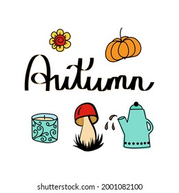 Conjunto otoñal, elementos dibujados a mano: caligrafía, hojas caídas, animales del bosque, coronas y otros. Perfecto para web, tarjeta, afiche, portada, etiqueta, invitación, kit de emoticones. Ilustración del vector

