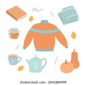 Autumn set, hand drawn elements: fall leaves, sweater, book, blanket, kettle and other.