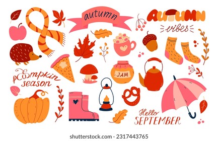 Autumn set, hand drawn elements- calligraphy, fall leaves, umbrella, pumpkin. Use for web, card, poster, cover, tag invitation sticker kit Vector illustration