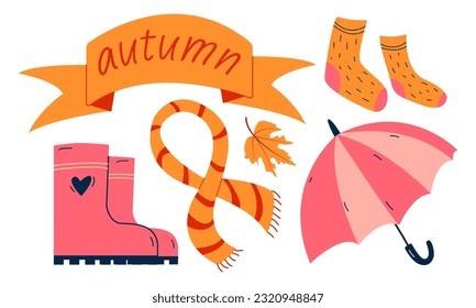 Autumn set, hand drawn elements- socks, rubber boots, scarf, umbrella, leaf.. Use for web, card, poster, cover tag invitation sticker kit Vector illustration