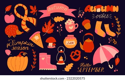 Autumn set, hand drawn elements- calligraphy, fall leaves, umbrella, pumpkin. Use for web, card, poster, cover, tag invitation sticker kit Vector illustration