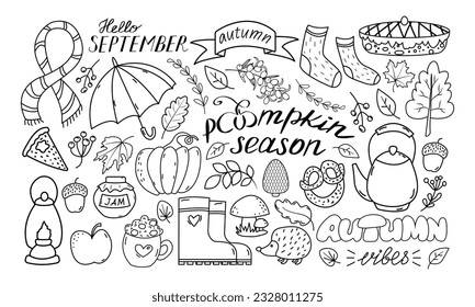 Autumn set, hand drawn elements doodle style - calligraphy, fall leaves, umbrella, pumpkin. Use for web, card, poster, cover, tag invitation sticker kit Vector illustration