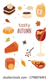 Autumn set of hand drawn food and drink icons. Cartoon flat vector illustration banner.