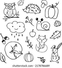 Autumn set. Hand drawn ink autumn set. Elements for design. Fox. Cloud. Leaves. Hedgehog. Autumn animals. Forest. Wild animals. Vector.