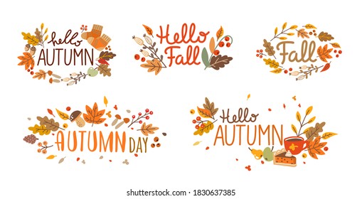 Autumn set of hand drawn lettering. Fall season. Autumn phrases with cute and cozy design elements. Vector illustration isolated on white background.