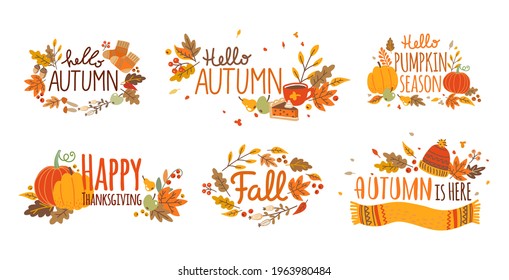 Autumn set of hand drawn lettering. Fall season. Autumn phrases with cute and cozy design elements. Vector illustration isolated on white background.