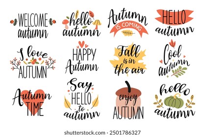 Autumn set of hand drawn vector lettering. Set of handwritten stickers for autumn season slogans on a white background. Autumn phrases with cute and cozy decorative elements.