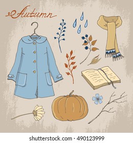 Autumn set hand drawn vector. Blue coat, scarf, pumpkin, book, rain, plants