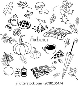 Autumn set of hand-drawn vector illustrations. For greeting cards, posters and seasonal designs. Pizza, tea, pumpkin, umbrella, coffee, plaid, scarf, leaves, mushrooms, acorns, cake, candles, berries