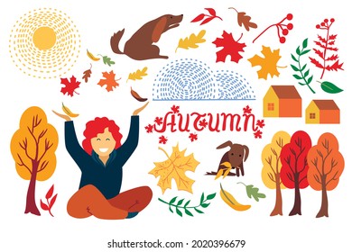 Autumn Set. Happy girl throws up the leaves. Fall. Dog, home, leaves, trees, sun, cloud, plant, maple, oak on white background. Vector illustration.