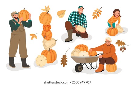 Autumn set of happy people with pumpkins and fall leaves.Farmers holding their grown fruits, men and woman,wheelbarrow with  harvest and girl with selected vegetables.Vector cartoon flat illustration.