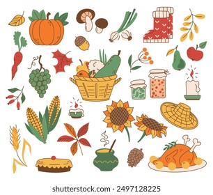 Autumn set of harvest, autumn items. Vegetables, clothes, food. Vector cartoon doodle illustration