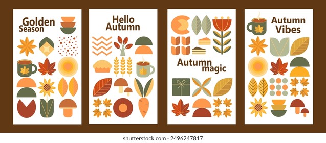 Autumn set. Hello autumn background concept. Poster for sale, banner, cover, flyer. Autumn phrase with cute cozy design elements.Bauhaus pattern abstract geometric.