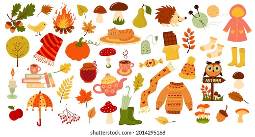 Autumn set.  Hello autumn, fall season icons collection. Perfect for web, card, poster, cover, tag, invitation, sticker kit. 