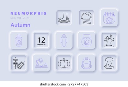 Autumn set icon. Includes coffee, boots, tree, leaf, mushroom, coat, pumpkin, jar, wheat, calendar, book, backpack in seasonal neumorphic blocks