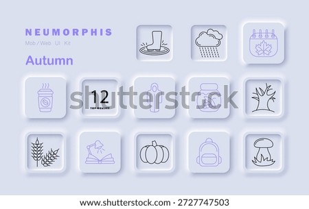 Autumn set icon. Includes coffee, boots, tree, leaf, mushroom, coat, pumpkin, jar, wheat, calendar, book, backpack in seasonal neumorphic blocks