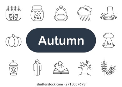 Symbol für Herbstsatz. Blatt, Kürbis, Marmelade, Regen, Stiefel, Pilz, Kaffee, Baum, Buch, Rucksack, Weizen, Ernte, gemütlich, Studie, Jahreszeit, Wetter, Wald, Wärme, Entspannung, Komfort