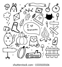
Autumn set icon of leaves, pumpkins, cats, twigs, pointer. Hand-drawn doodle. For seasonal design
