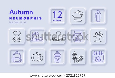 Autumn set icon. Pumpkin, boots, rain, jar, tree, wheat, backpack, coffee, mushroom, book, lamp, calendar cozy fall season with study, harvest, weather, warmth, forest, food.
