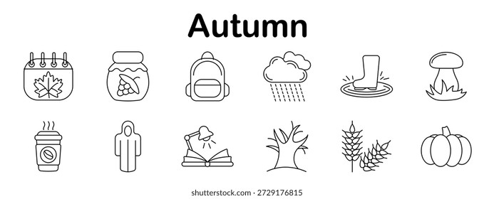 Autumn set icon. Tree, pumpkin, leaves, rain cloud, book, hot drink, wheat, backpack, boots, mushroom, calendar, scarecrow in clean outline design