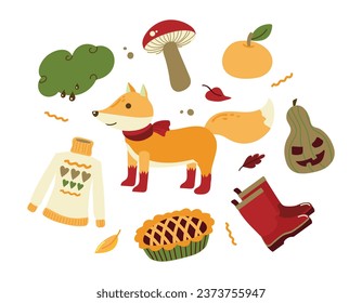 Autumn set icons cliparts elements isolated vector illustration