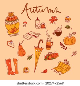 Autumn set icons in orange tones, cozy stickers, autumn vibes.  Set of illustrations. Vector illustration. 