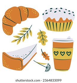 Autumn set of illustrations. Collection of cozy vector cliparts. Croissant, cheesecake, muffin, coffee, oak leaf, plaid, yellow and orange leaves and dry flowers