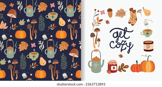 Autumn set including decorative seamless pattern, elegant wallpaper, background with different seasonal cozy elements, and greeting card with autumnal frame design