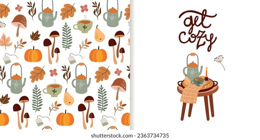 Autumn set including decorative seamless pattern, wallpaper with pumpkin, background with different seasonal cozy elements, and greeting card with autumnal design