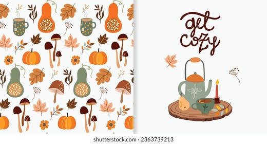 Autumn set including decorative seamless pattern, wallpaper, background with pumpkins and  different seasonal vegetation, greeting card with autumnal design